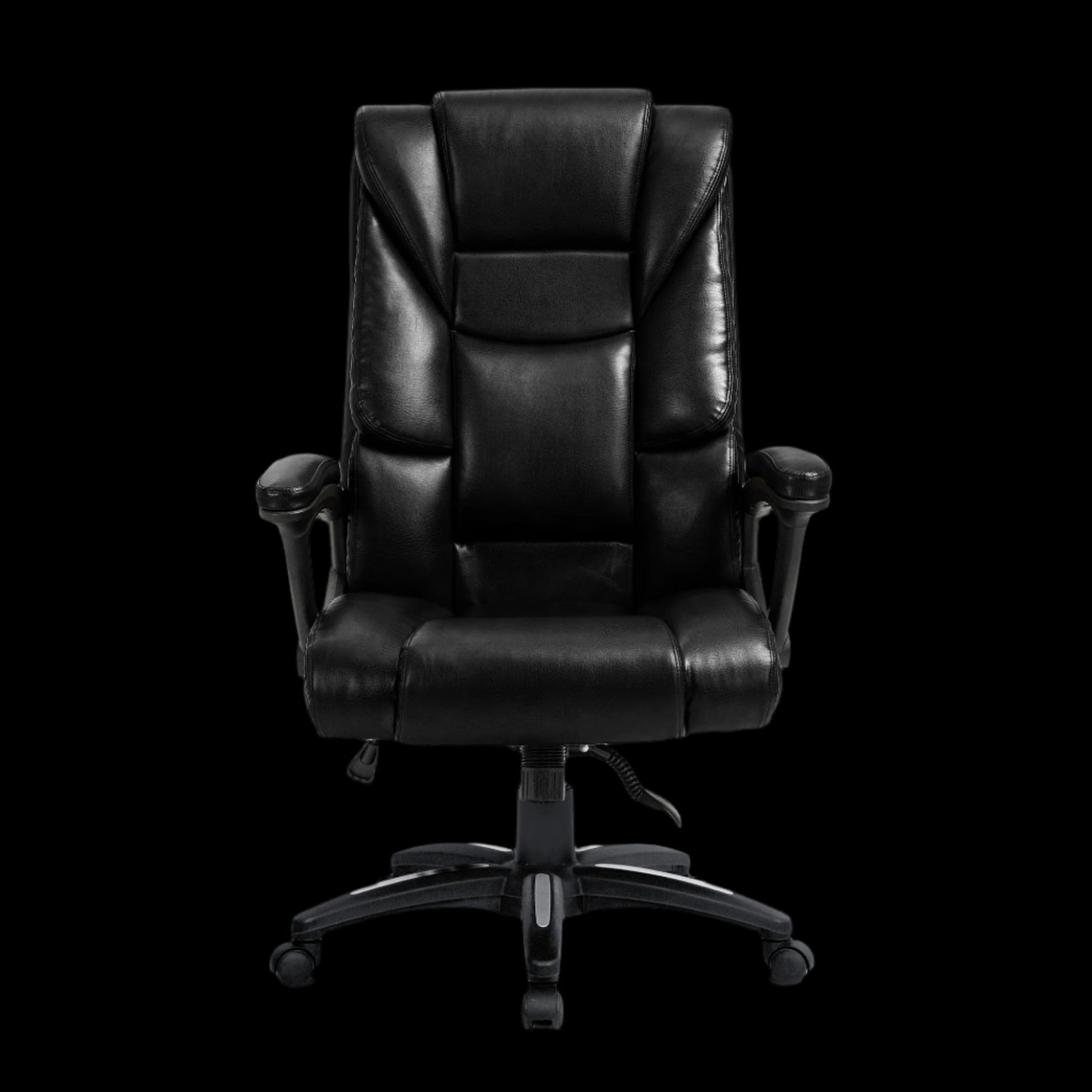 Black leather office chair on a black background
