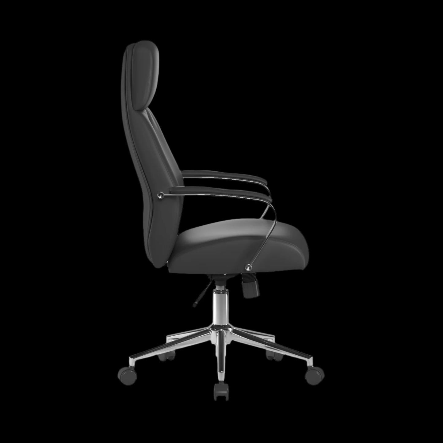 Black office chair with chrome base on a black background