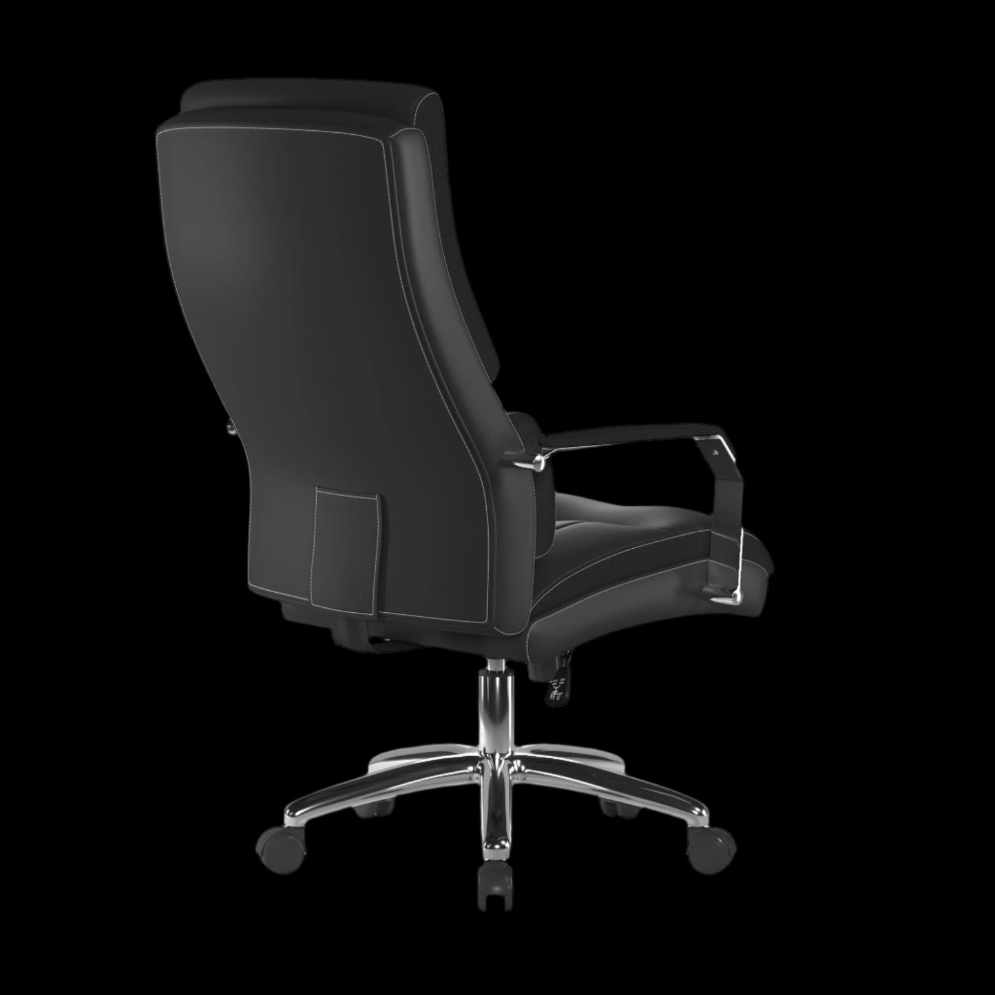 Black office chair with chrome base on a black background