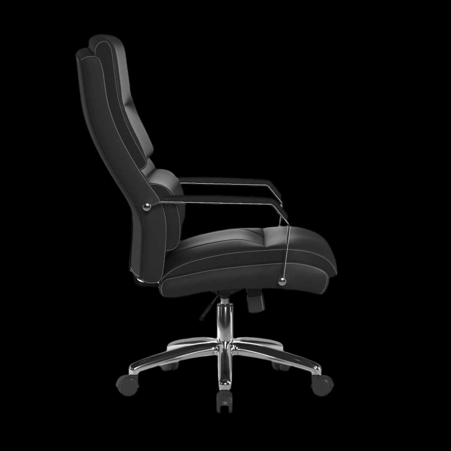 Black office chair with chrome base on a black background