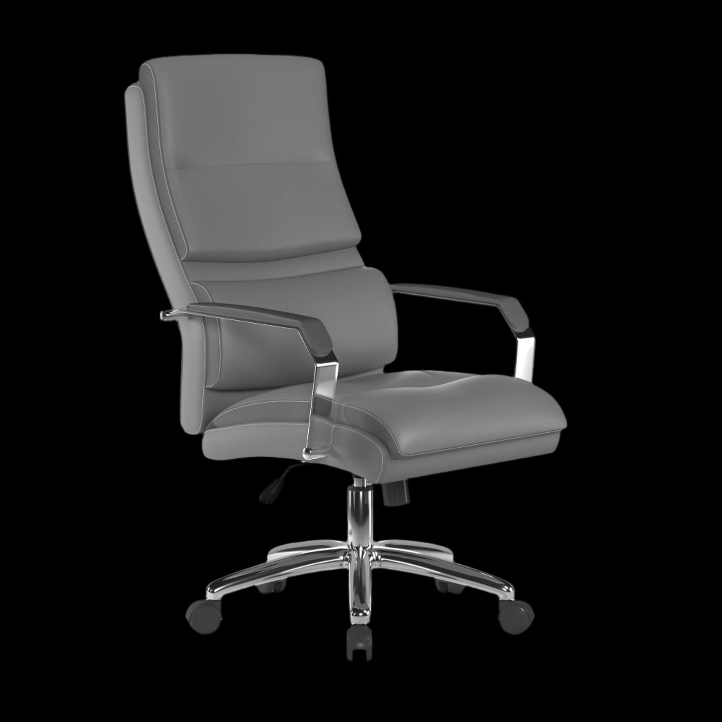 Gray office chair with chrome base on a black background