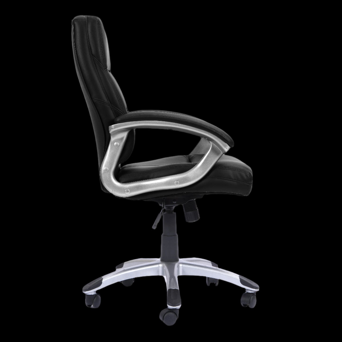 Black office chair with silver accents on a black background
