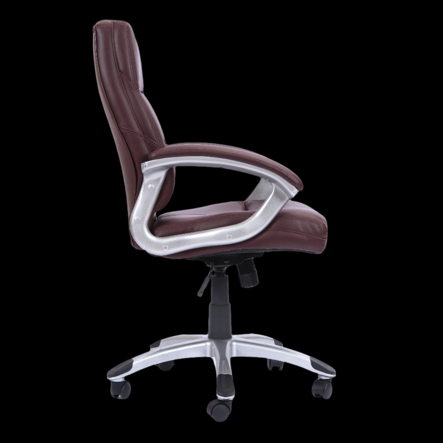 Brown office chair with a white base on a black background