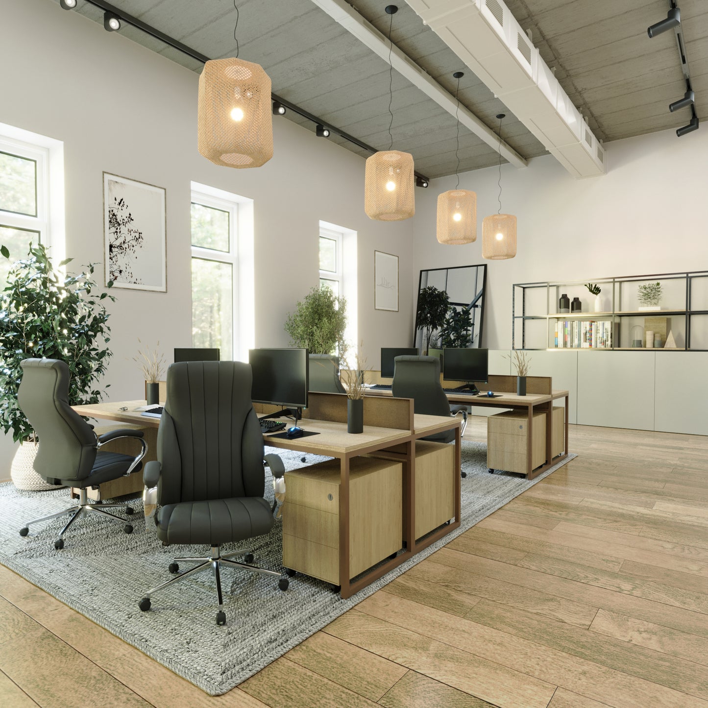 Modern office space with desks, chairs, and decor