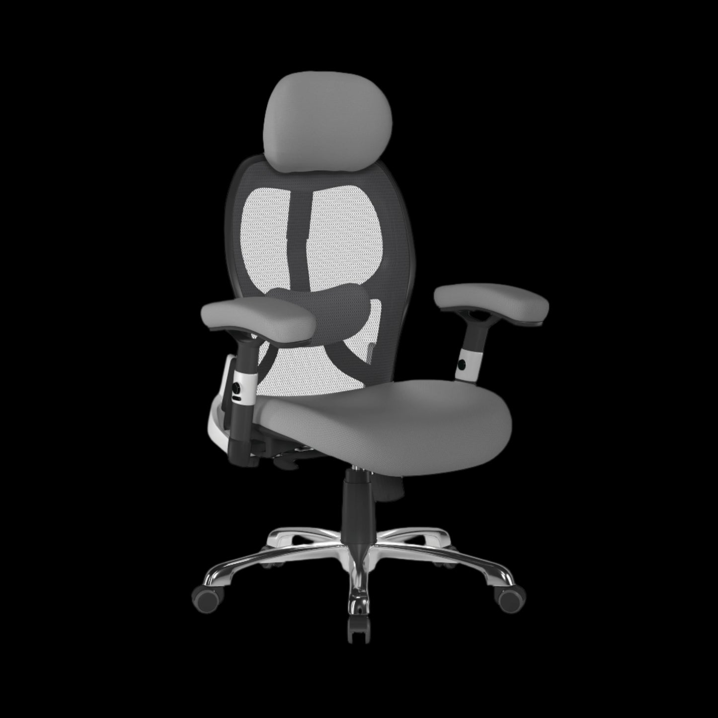 Gray office chair with mesh back on a black background