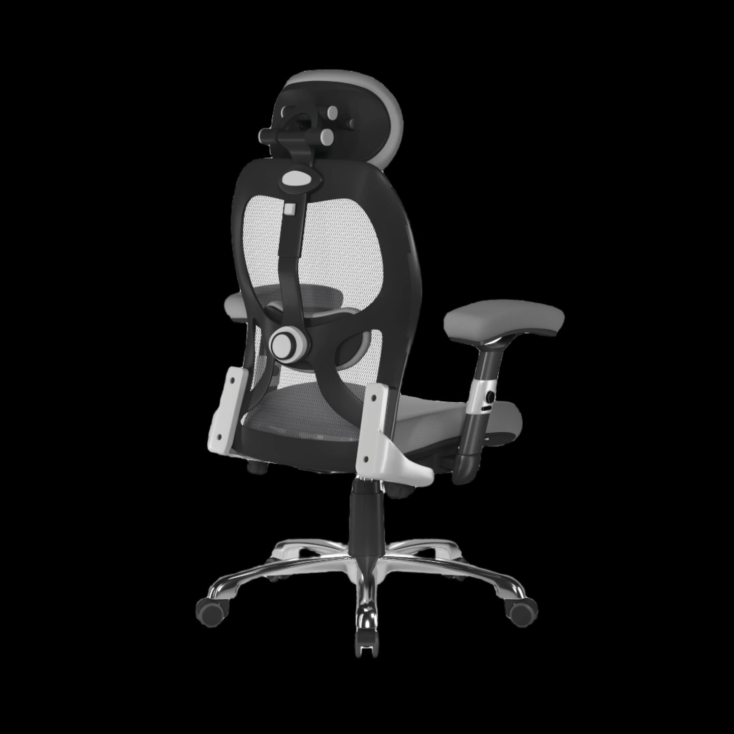 Black and gray office chair with mesh back on a black background