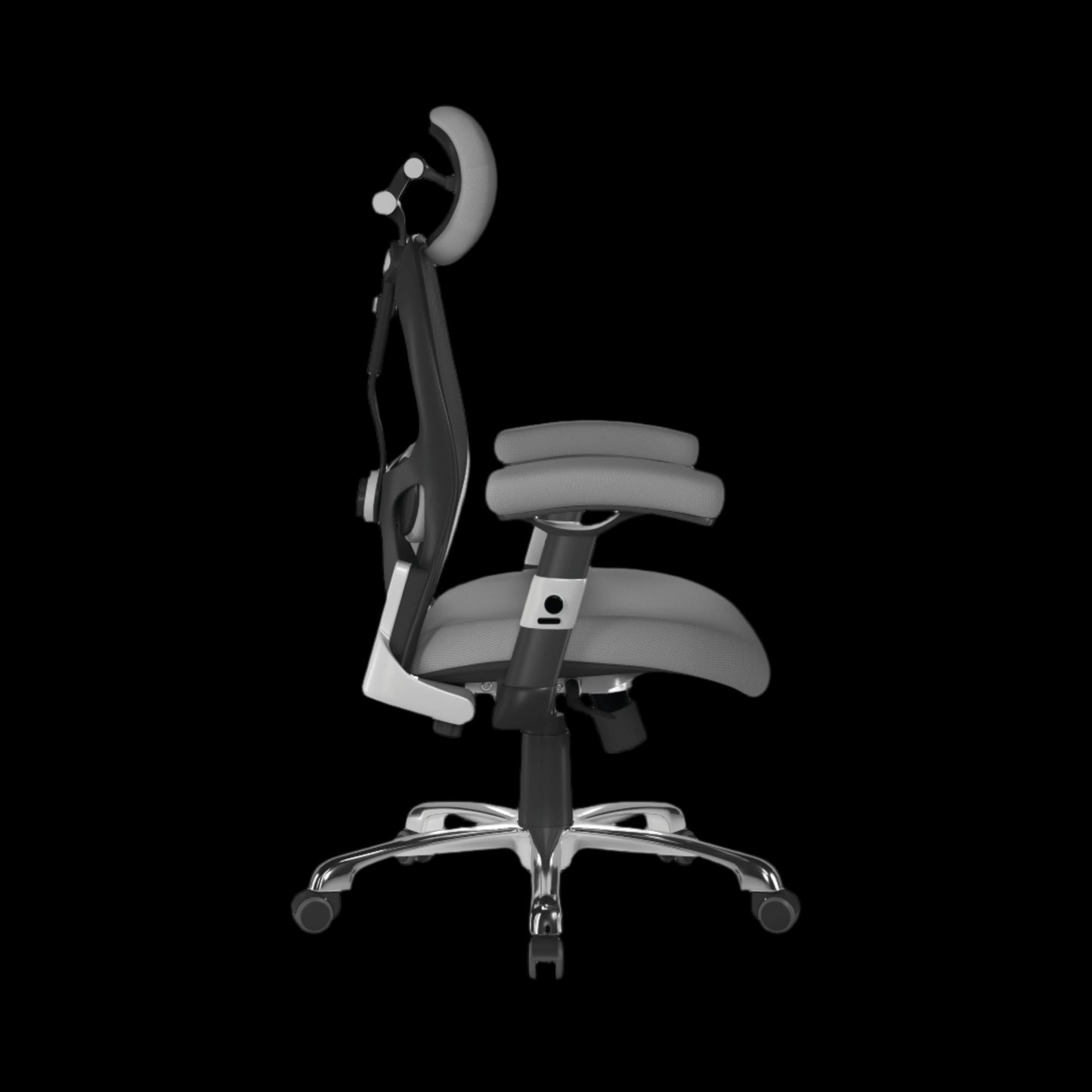 Gray ergonomic office chair on a black background