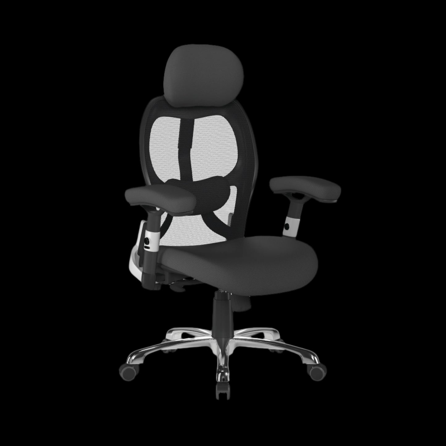 Black office chair with mesh back on a black background