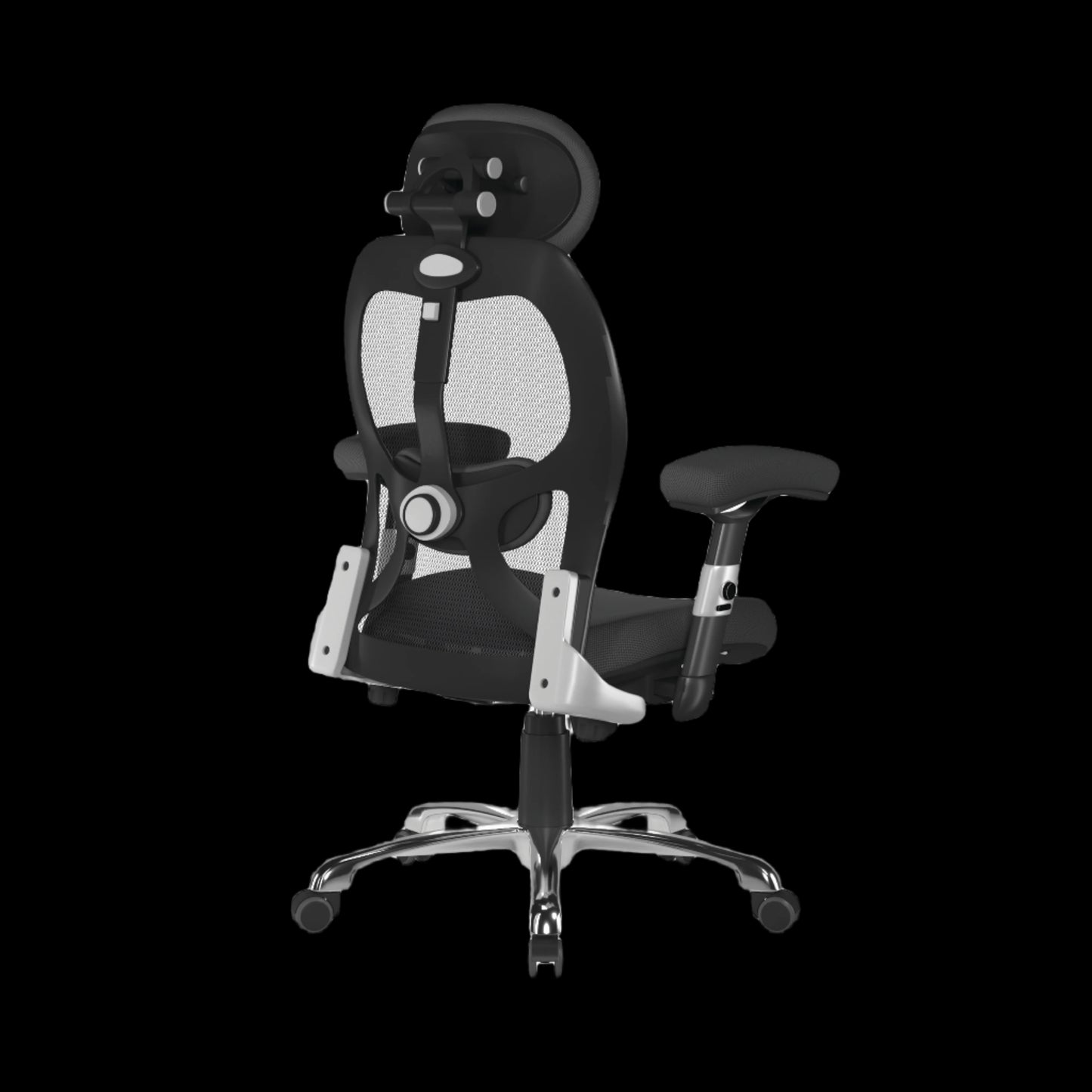 Black office chair with mesh backrest on a black background