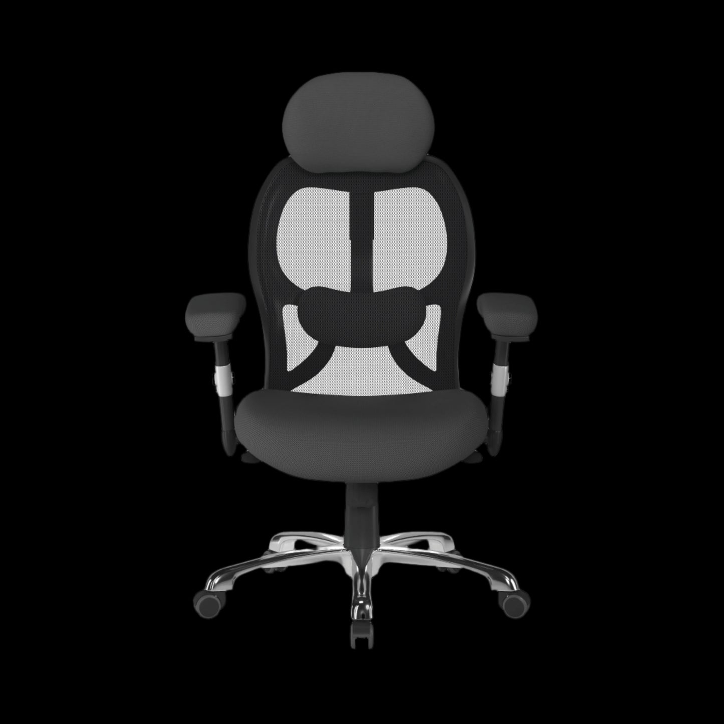 Black office chair with mesh back on a black background
