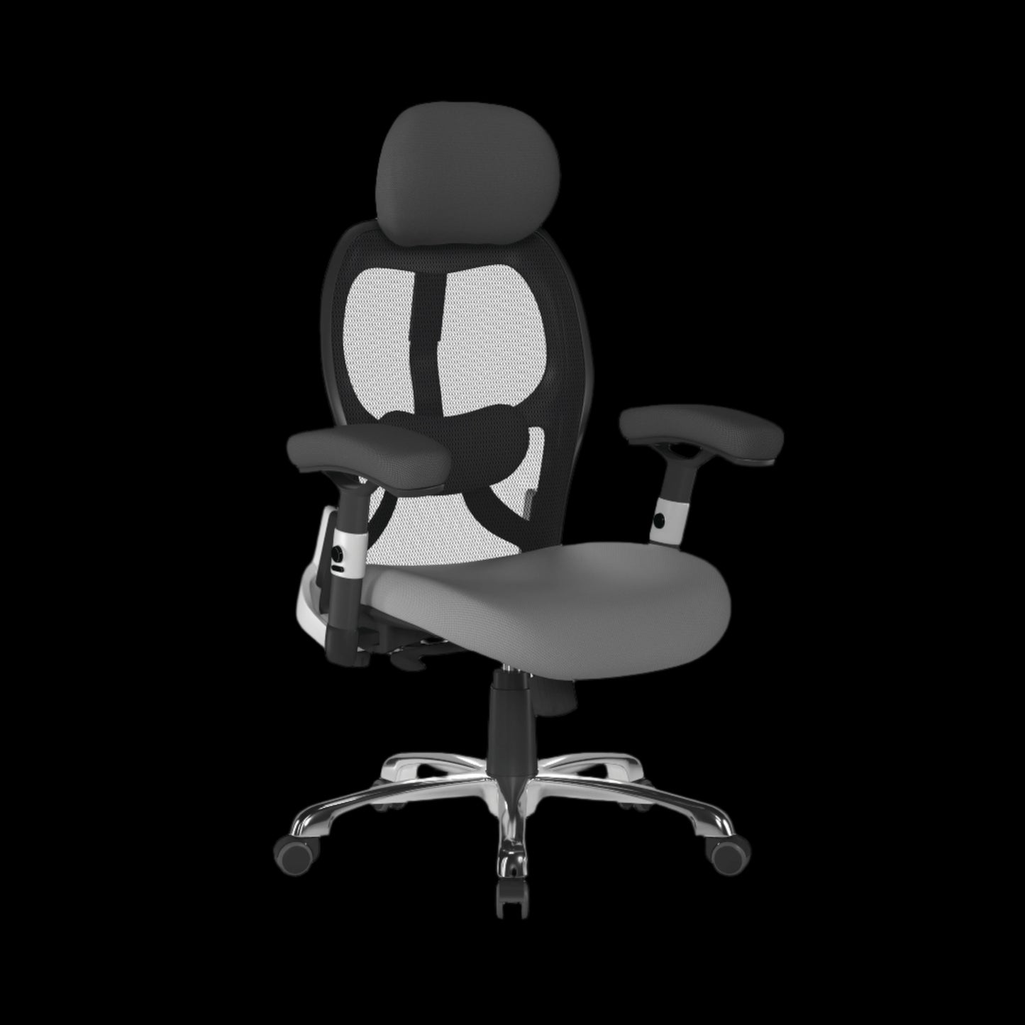Ergonomic office chair with black mesh back and gray seat on a black background