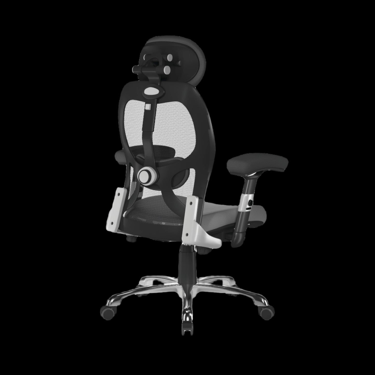 Black office chair with mesh backrest on a black background