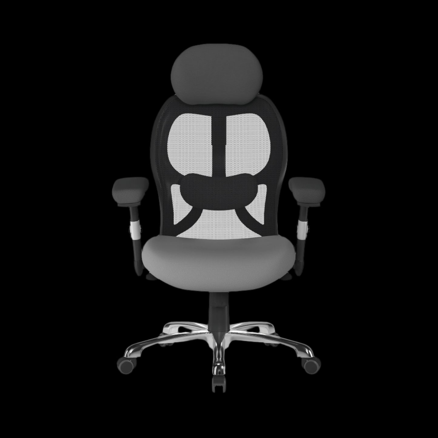 Ergonomic office chair with black mesh back and gray seat on a black background
