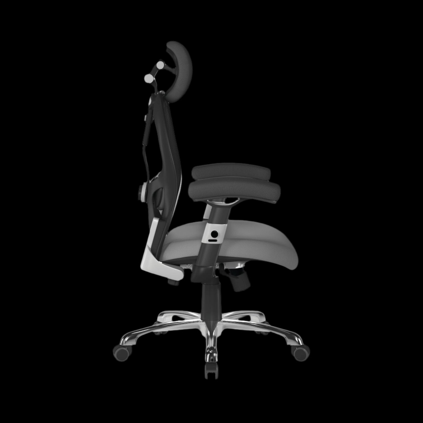 Kneeling office chair with black and gray design on a black background
