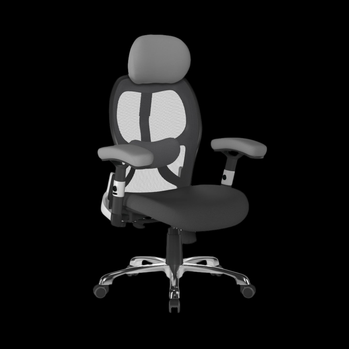 Gray office chair with mesh back on a black background
