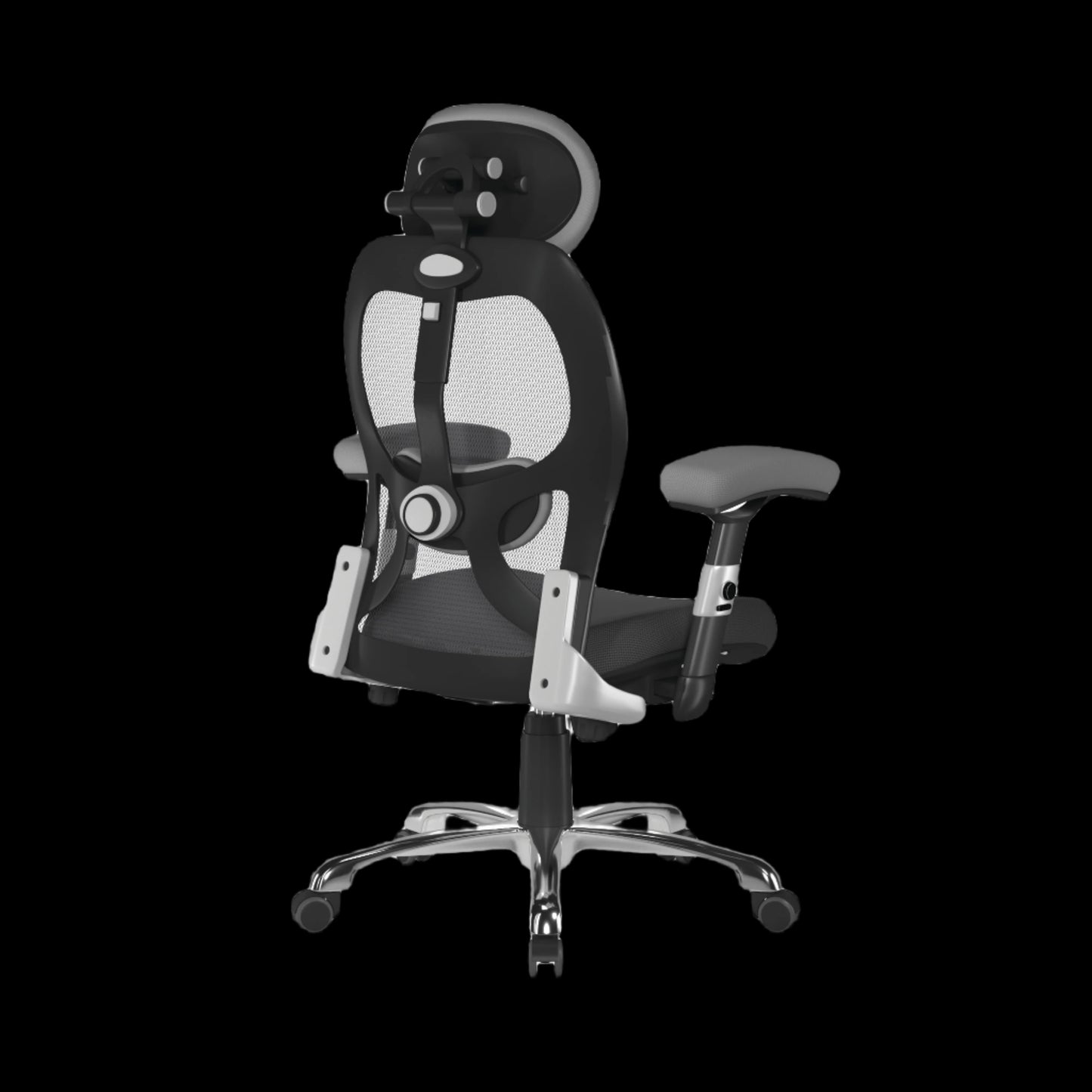 Black office chair with mesh backrest on a black background