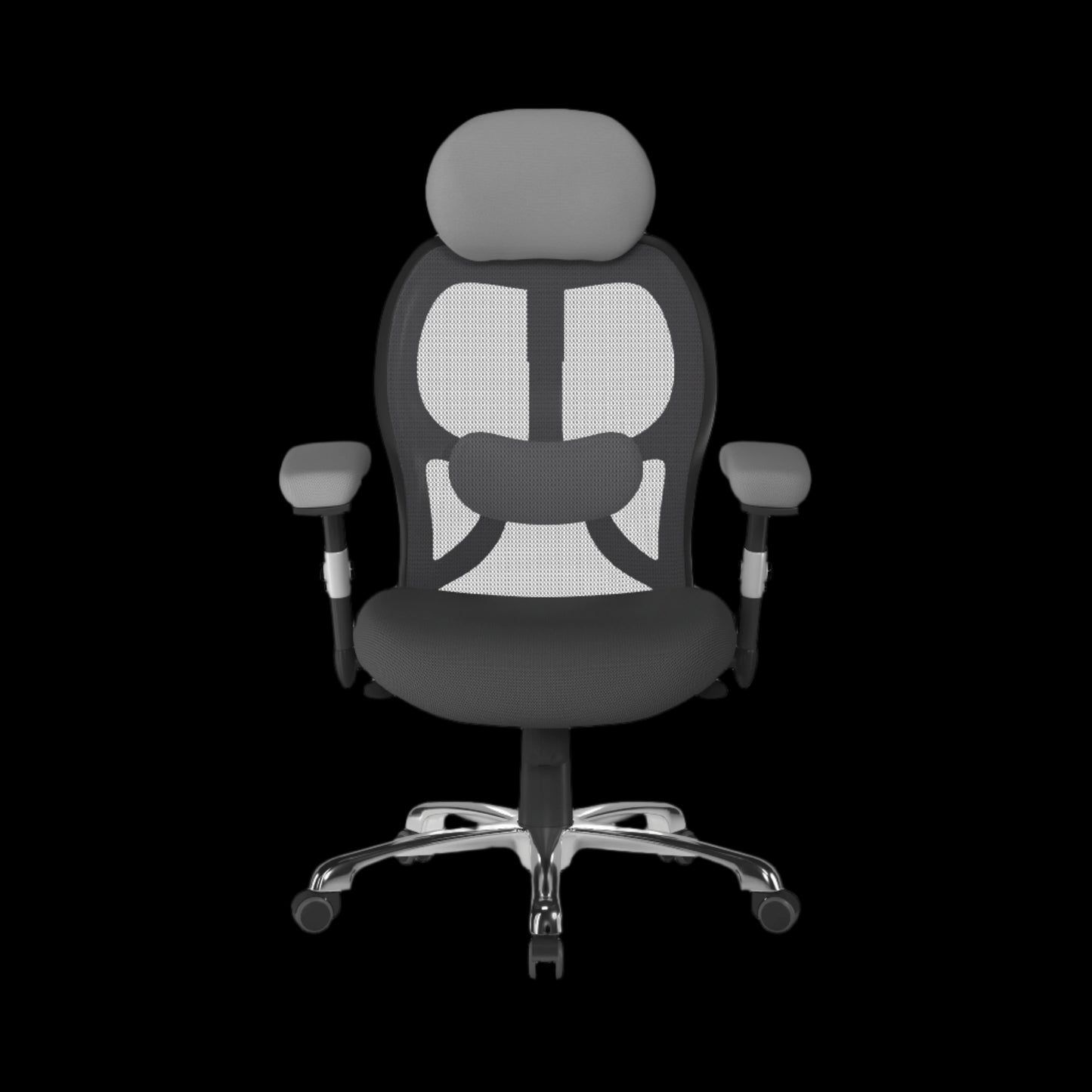 Ergonomic office chair with mesh back and gray cushion on a black background