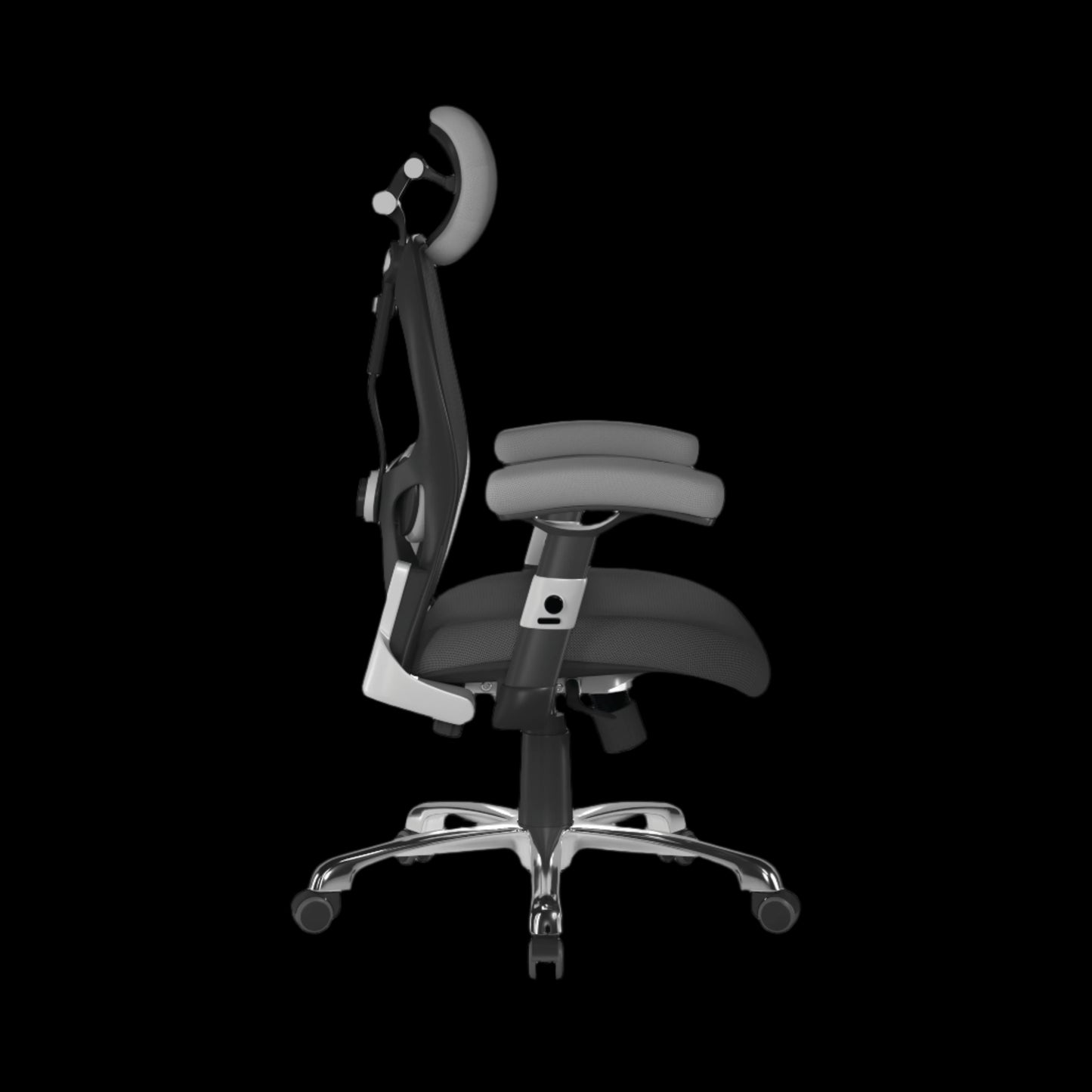 Ergonomic office chair with adjustable backrest on a black background