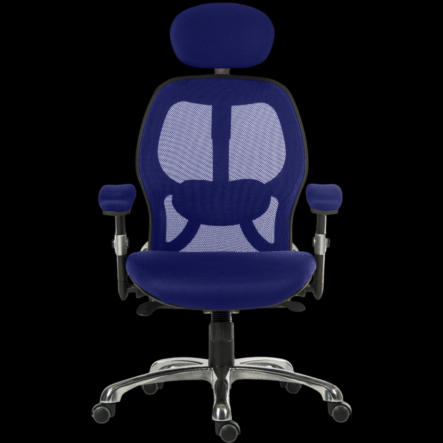 Blue office chair with mesh back on a black background