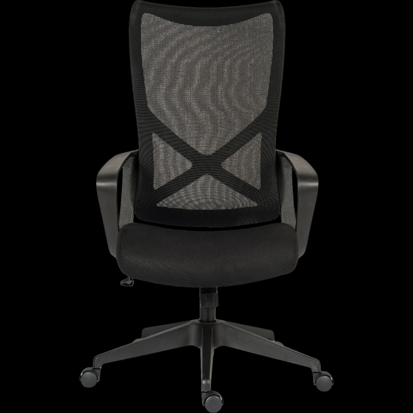 Black office chair with mesh backrest on a black background
