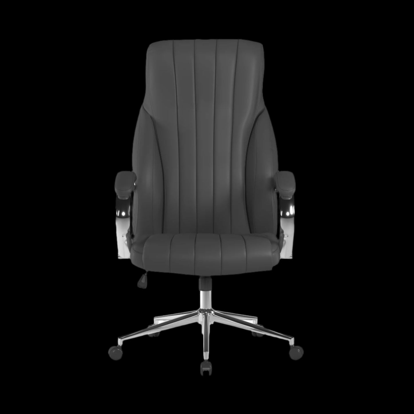 Black office chair with a ribbed backrest on a black background