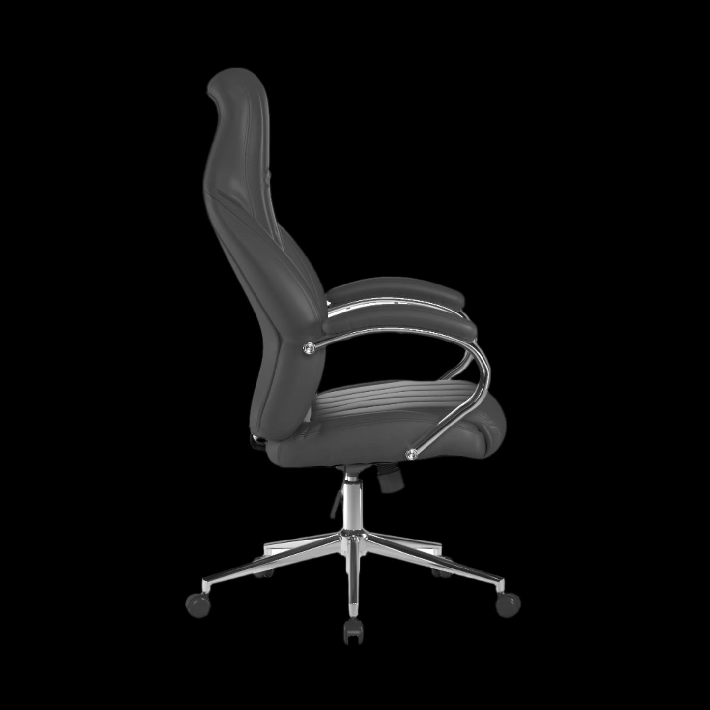Black office chair with chrome base on a black background