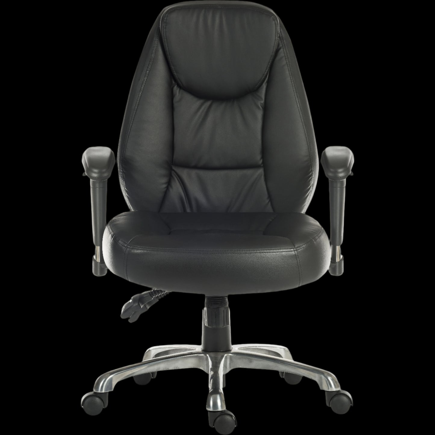 Black office chair with adjustable armrests on a black background