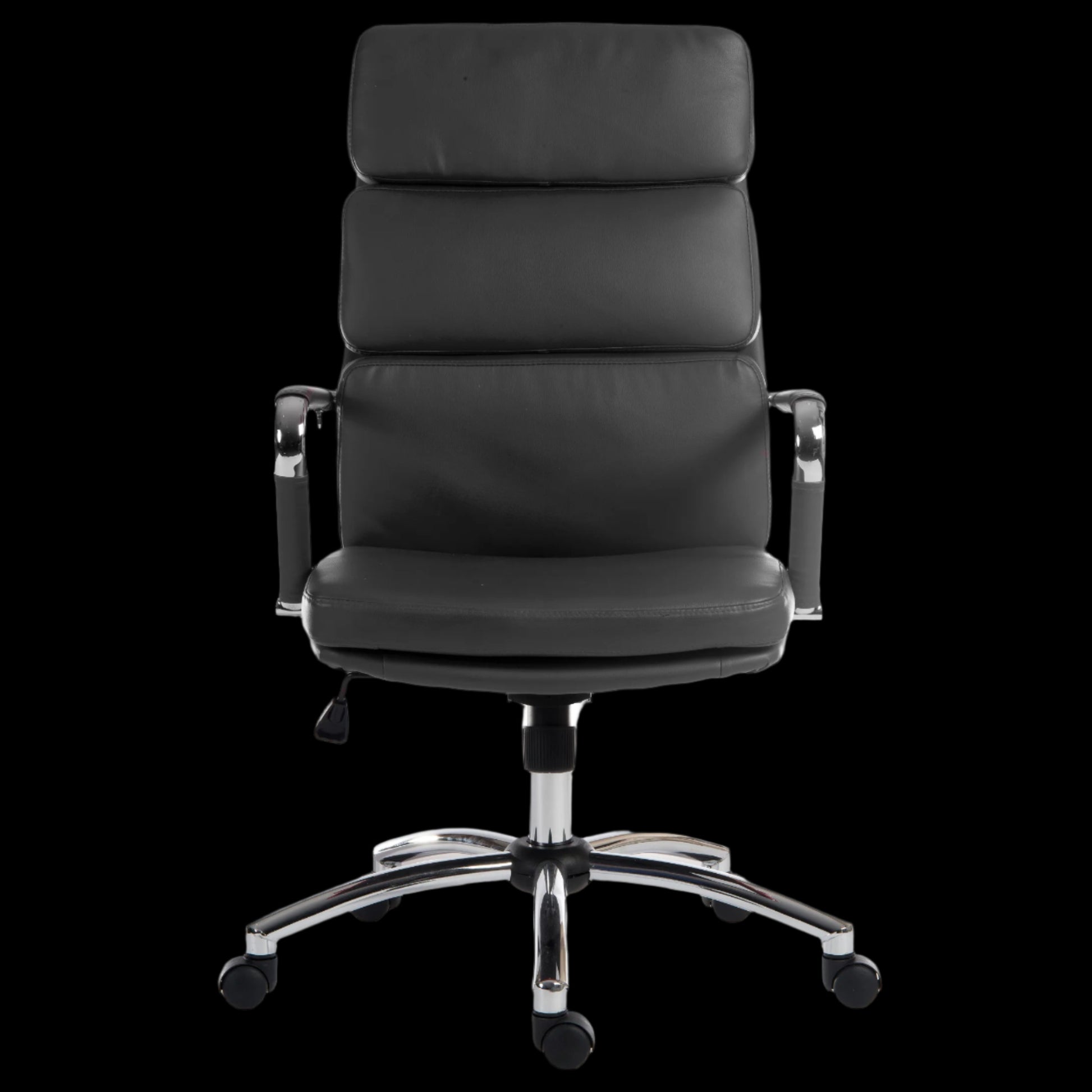 Black office chair with chrome base on a black background