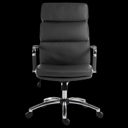 Black office chair with chrome base on a black background