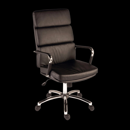 Black office chair with chrome base on a black background