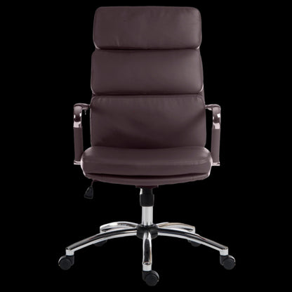Brown office chair with chrome base on a black background