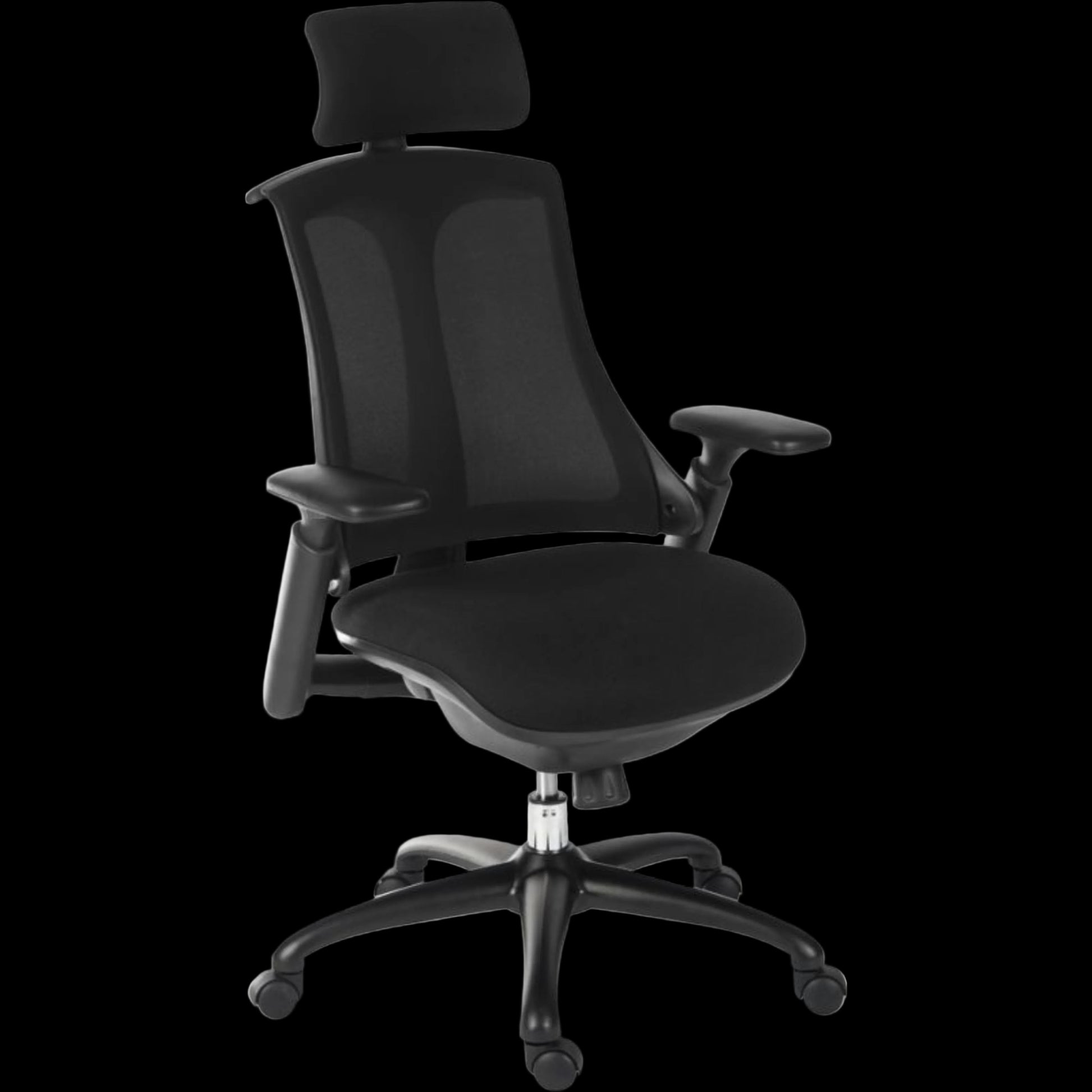 Black office chair with headrest on a black background