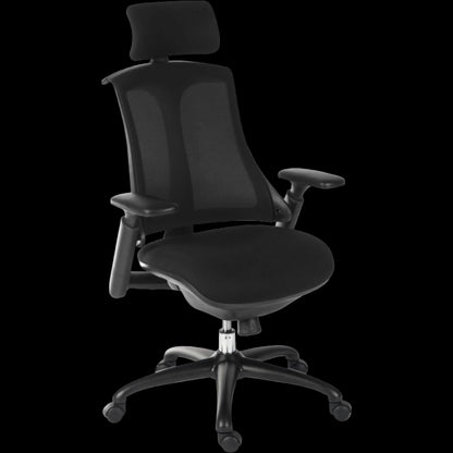 Black office chair with headrest on a black background
