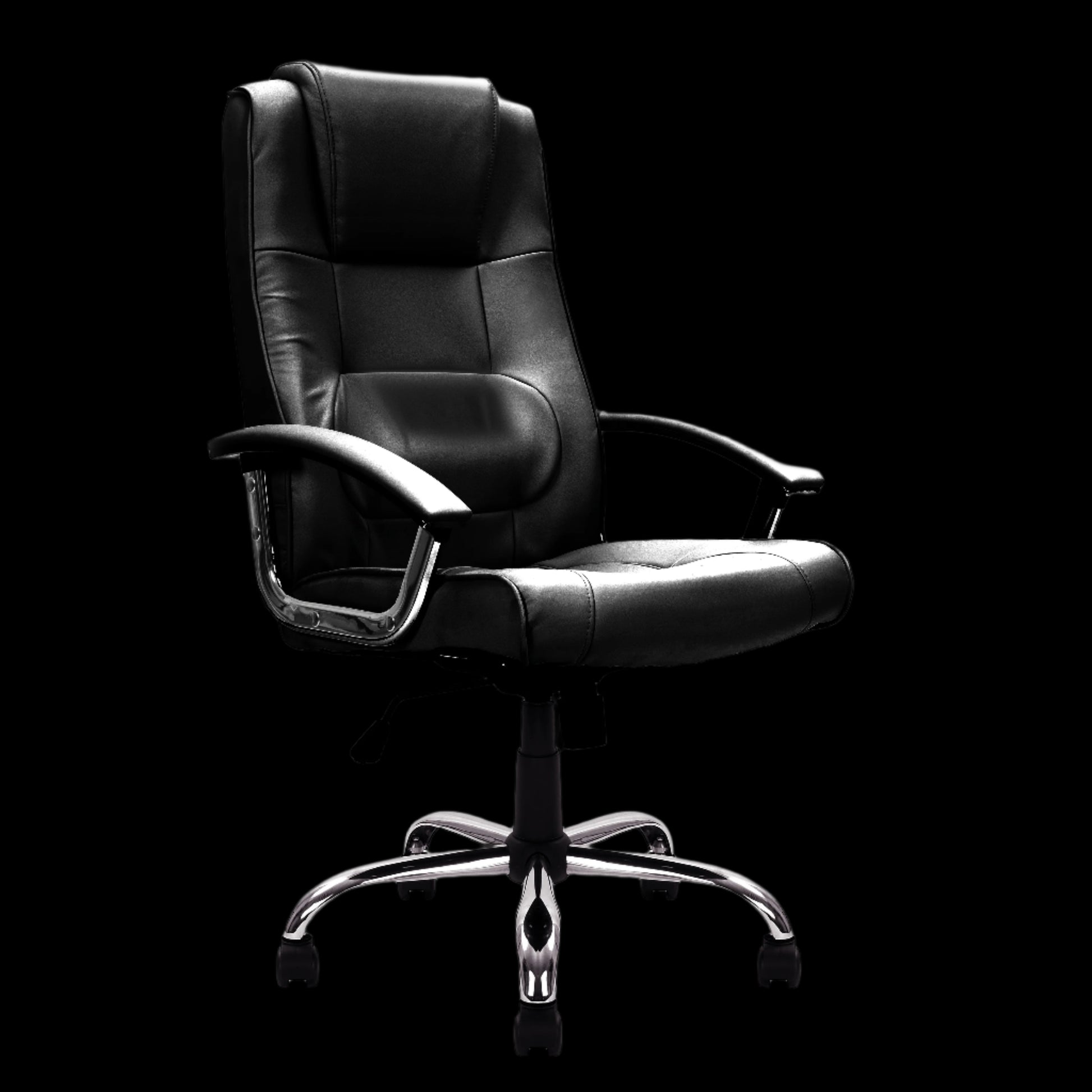 Black office chair with high backrest on a black background
