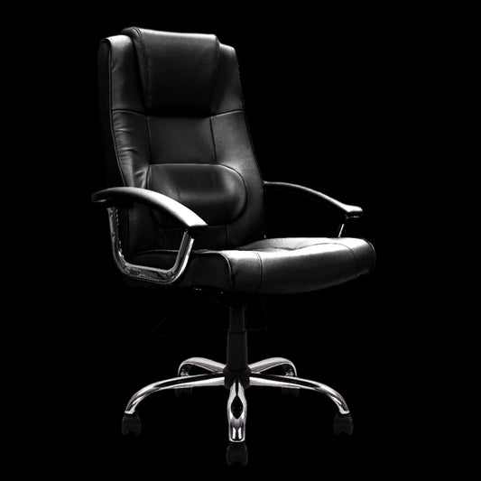 Black office chair with high backrest on a black background