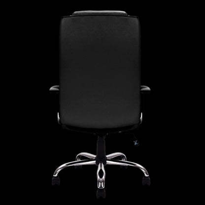 Black office chair with chrome base on a black background