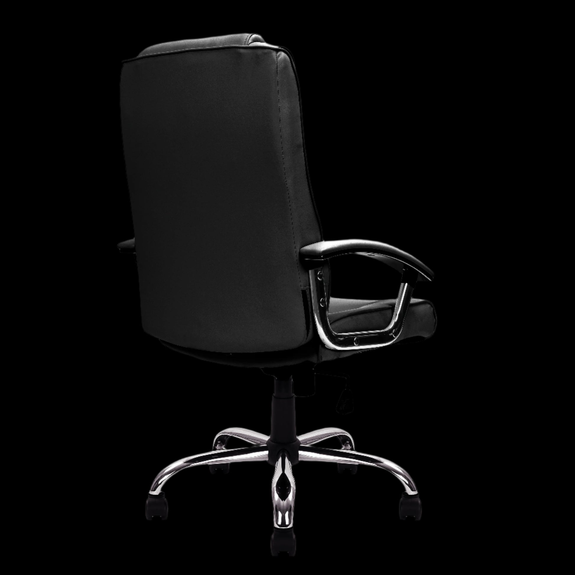 Black office chair with chrome base on a black background