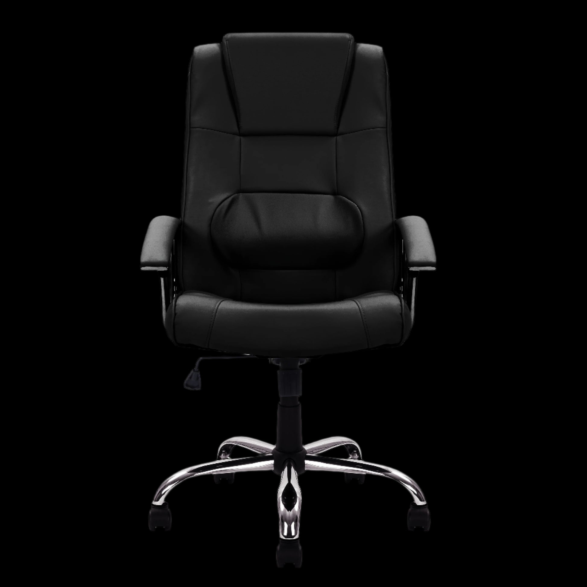 Black office chair with chrome base on a black background