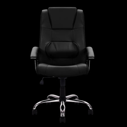 Black office chair with chrome base on a black background