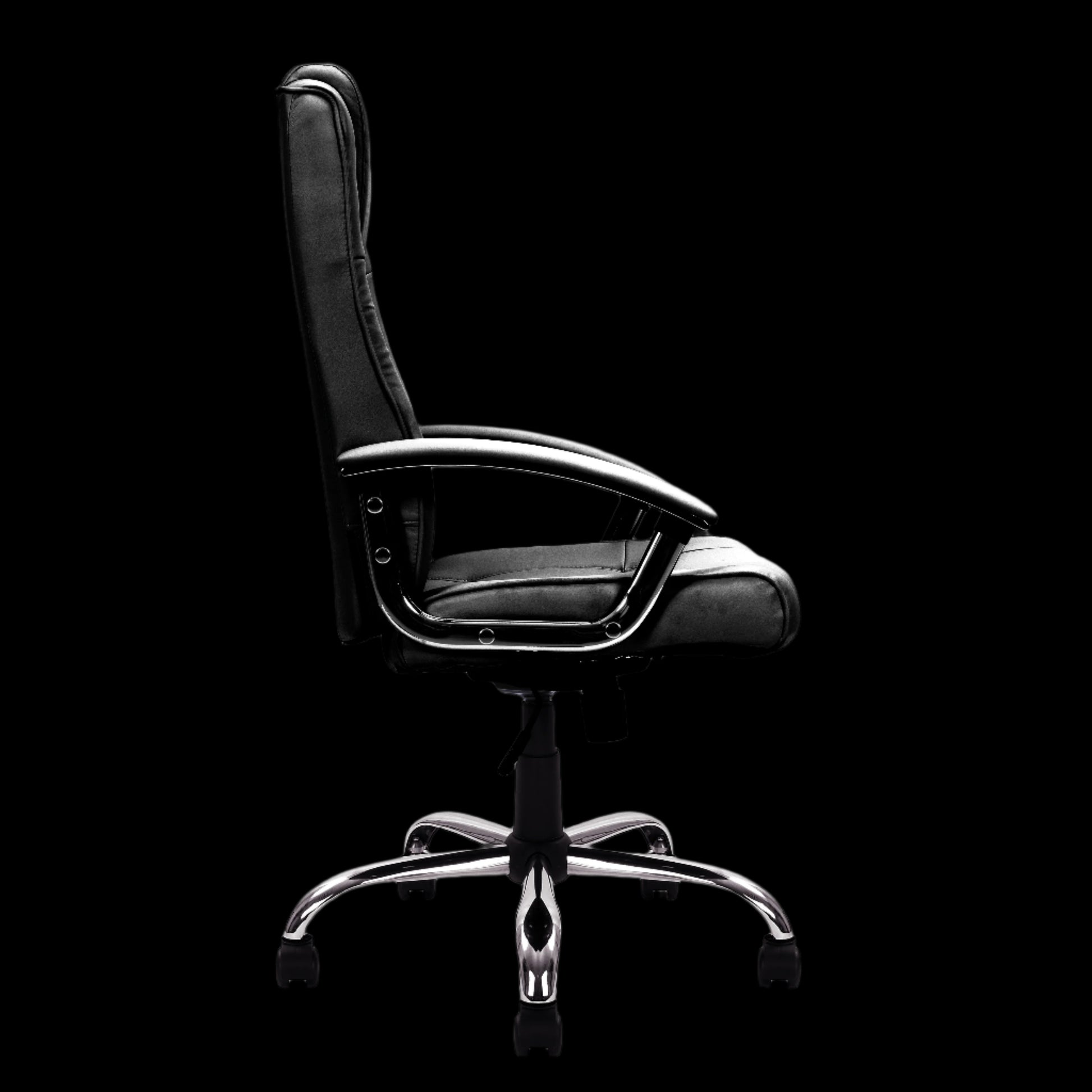 Black office chair with chrome base on a black background