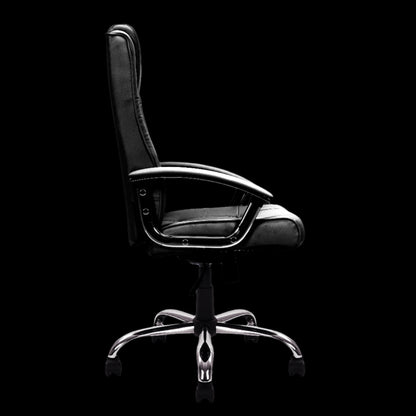 Black office chair with chrome base on a black background