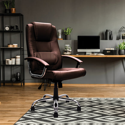 Brown office chair in a modern room with a desk and decor