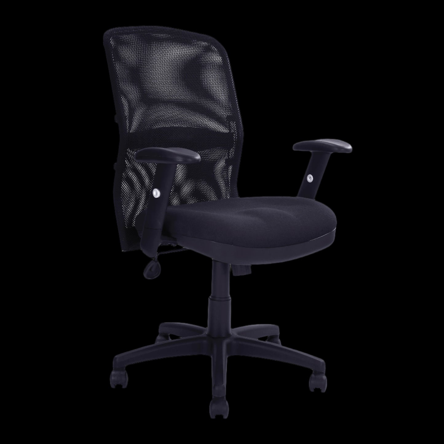 Black office chair with mesh back on a black background