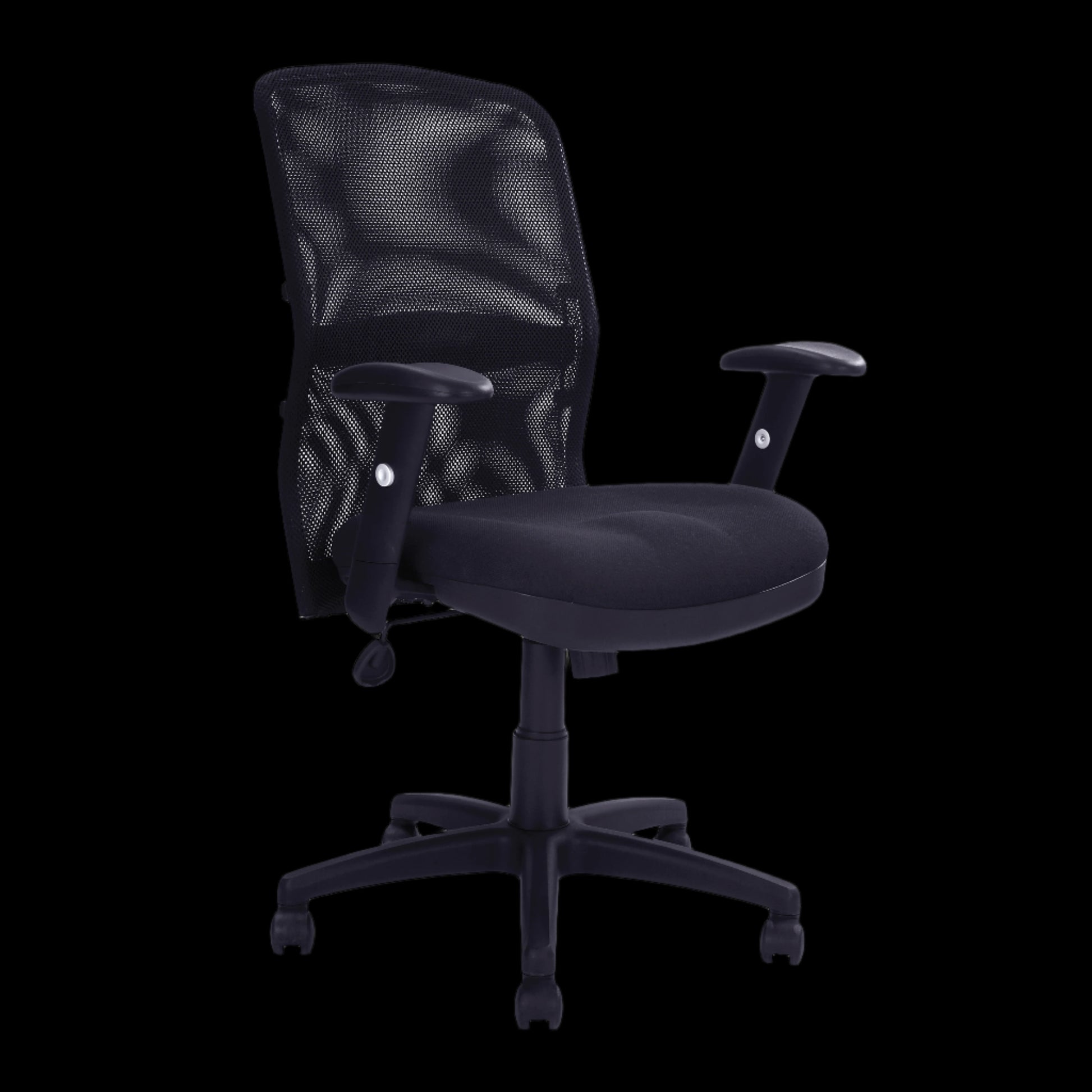 Black office chair with mesh back on a black background