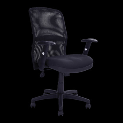 Black office chair with mesh back on a black background