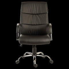 Black office chair with chrome base on a black background
