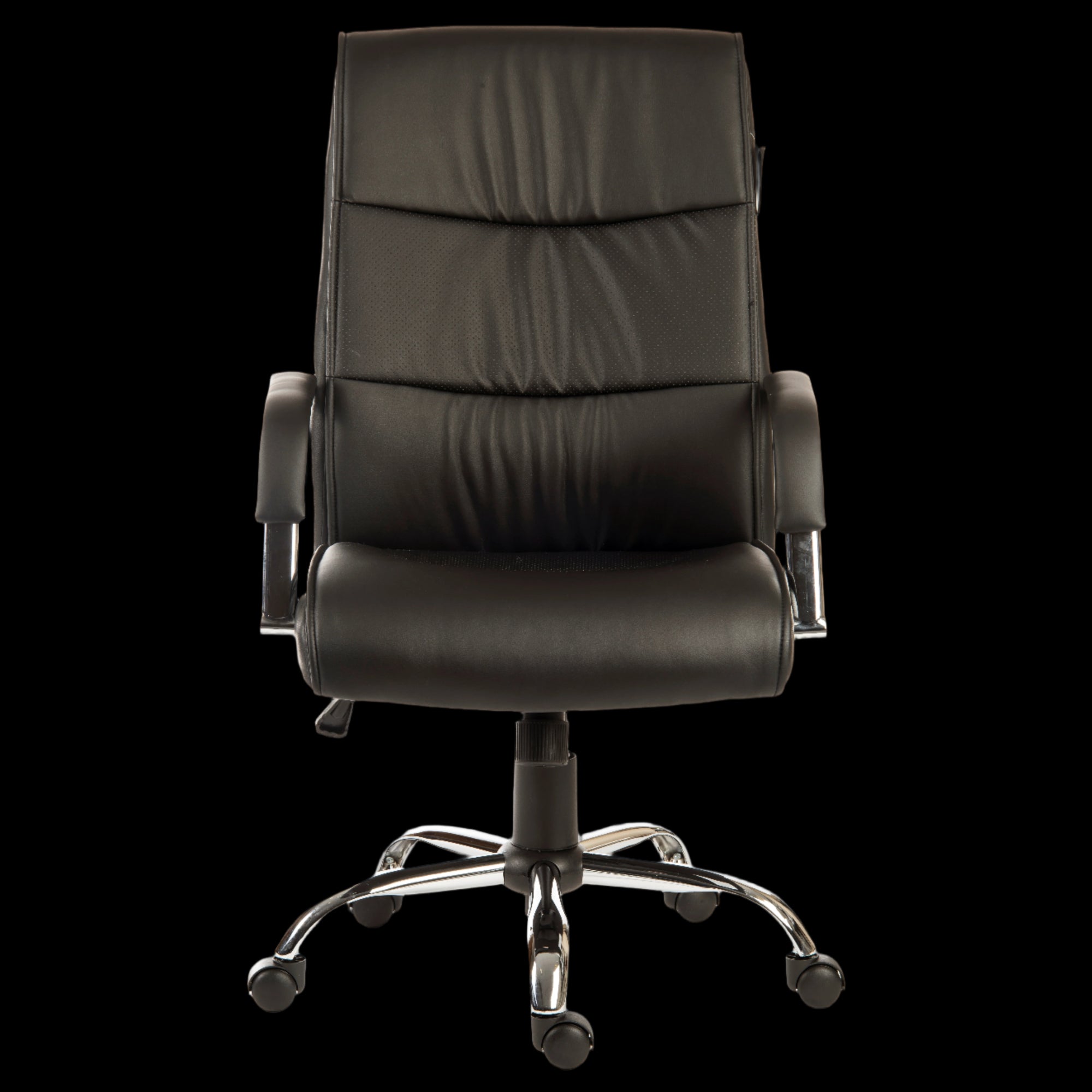 Black office chair with chrome base on a black background