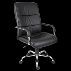 Black office chair with chrome base on a black background