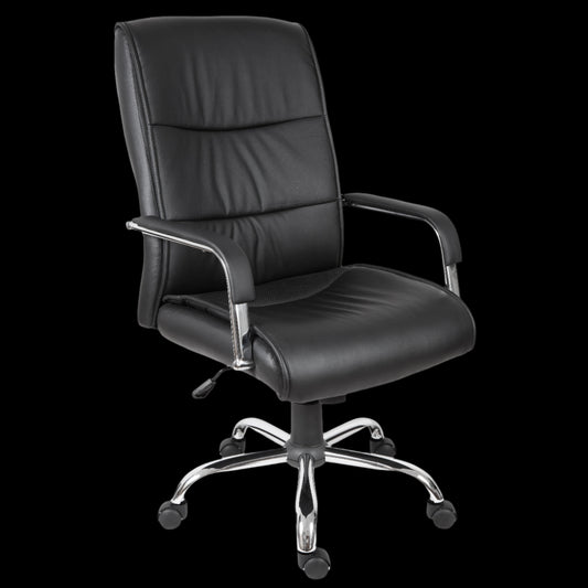 Black office chair with chrome base on a black background
