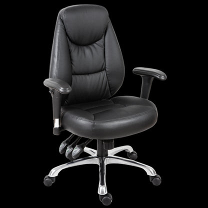 Black office chair with adjustable armrests on a black background